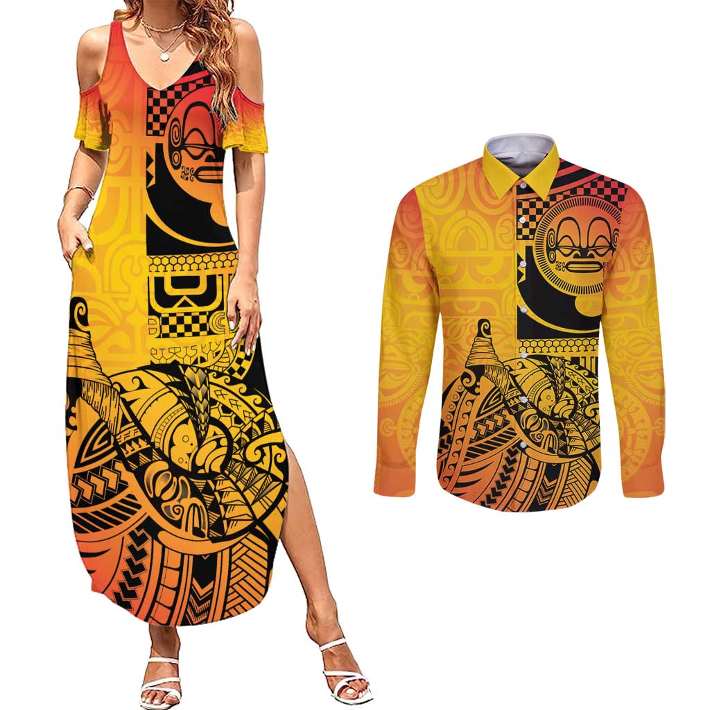 Marquesas Islands Couples Matching Summer Maxi Dress and Long Sleeve Button Shirt Marquesan Matatiki Fish Hook Patutiki - Polynesian Pride