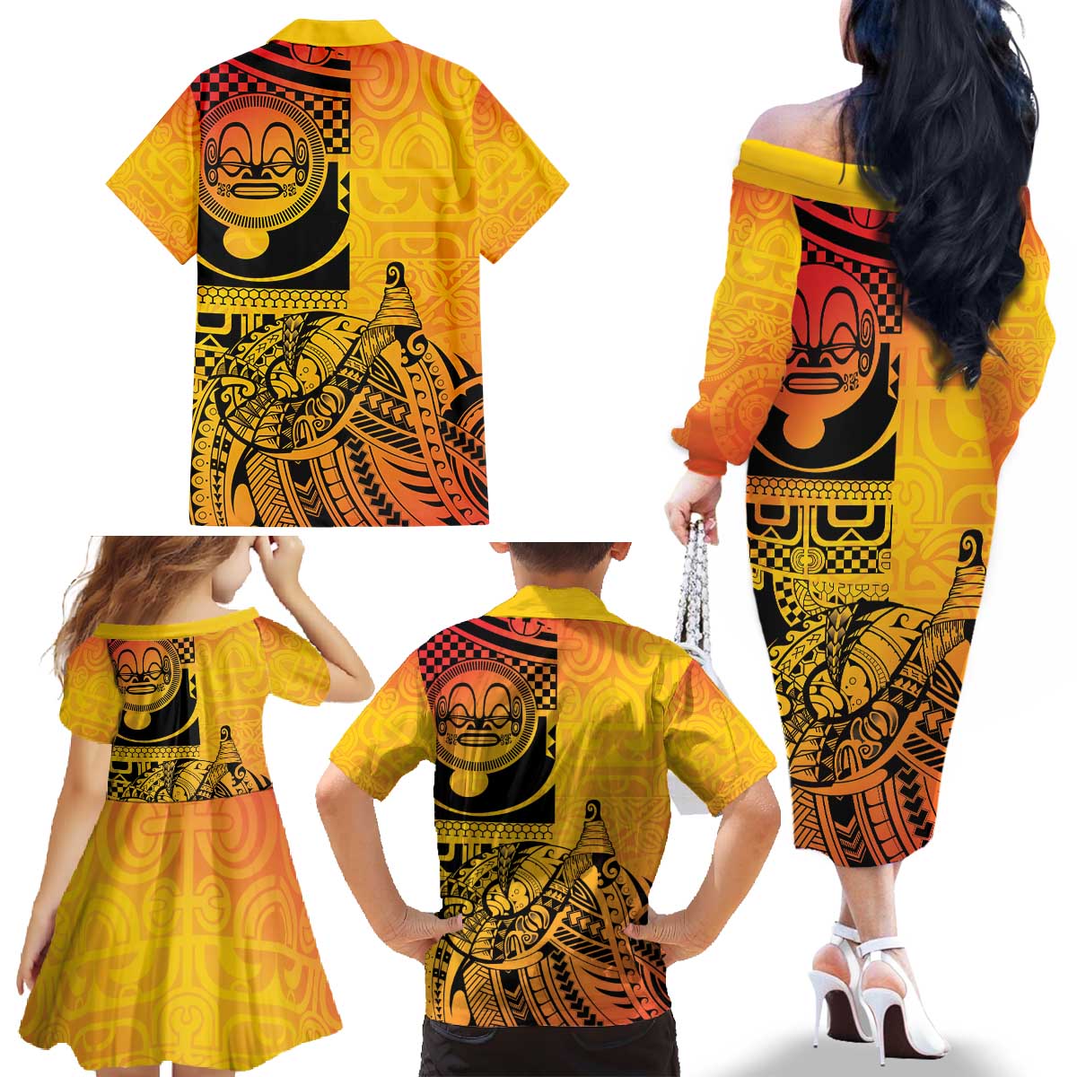 Marquesas Islands Family Matching Off The Shoulder Long Sleeve Dress and Hawaiian Shirt Marquesan Matatiki Fish Hook Patutiki - Polynesian Pride