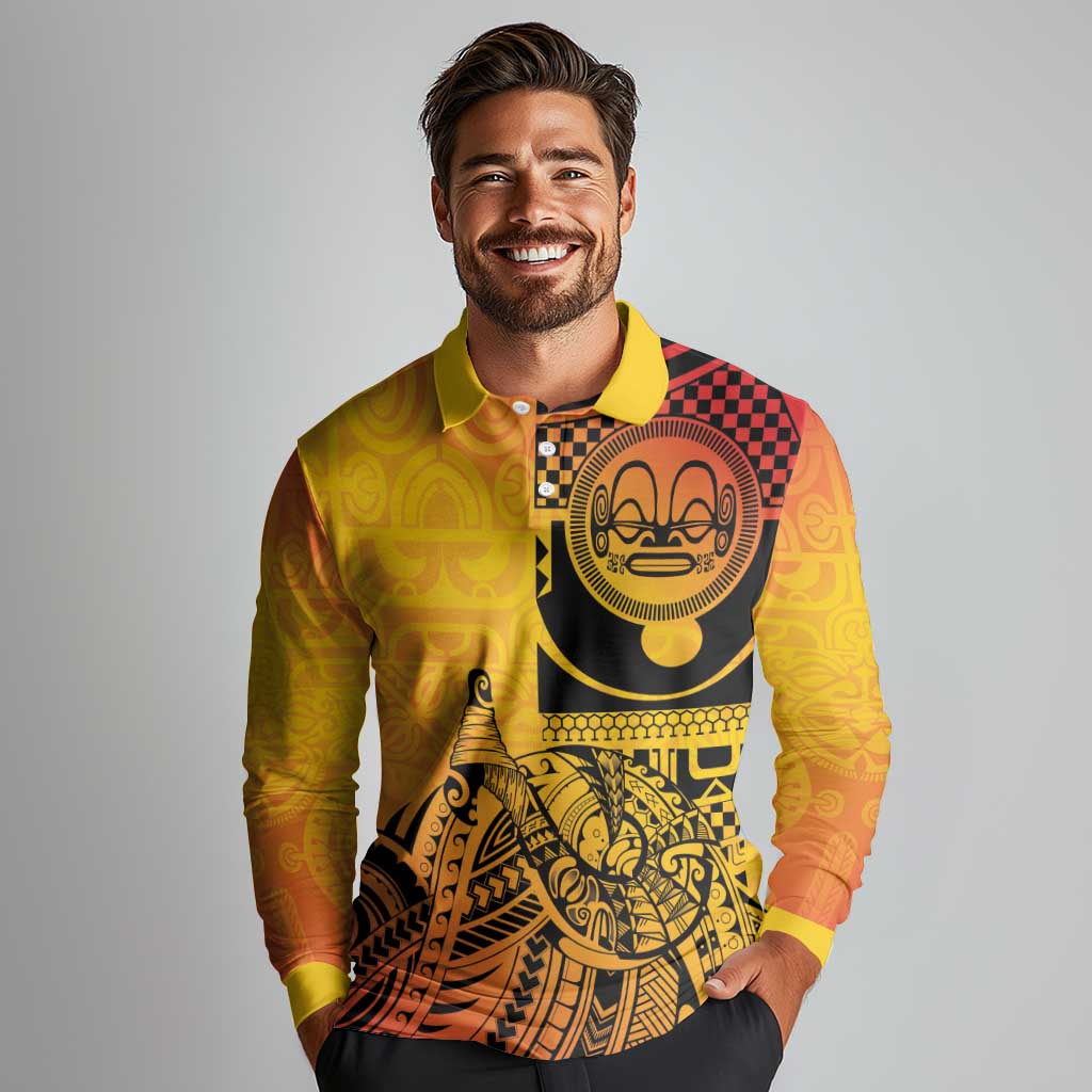 Marquesas Islands Long Sleeve Polo Shirt Marquesan Matatiki Fish Hook Patutiki - Polynesian Pride