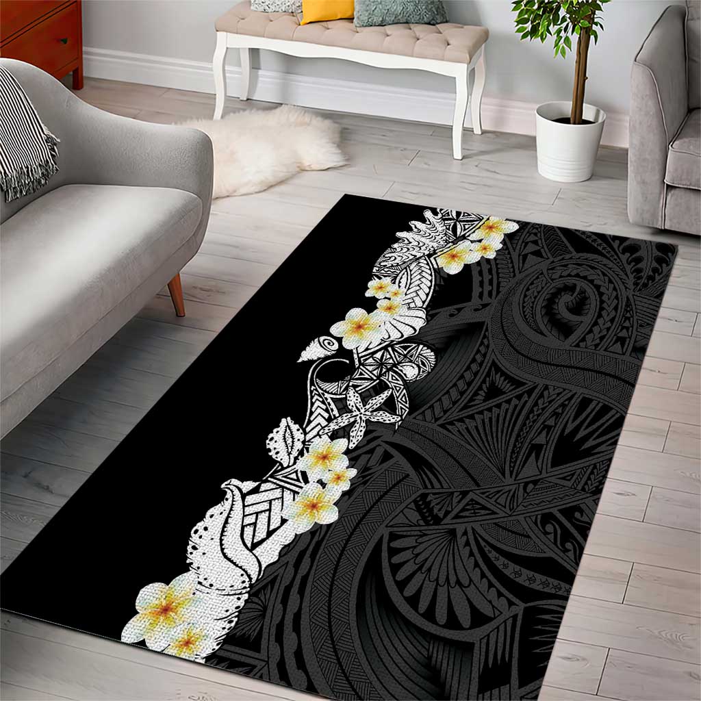 Black Samoa Tattoo Area Rug Plumeria Samoan Ocean Tatau Pattern - Polynesian Pride