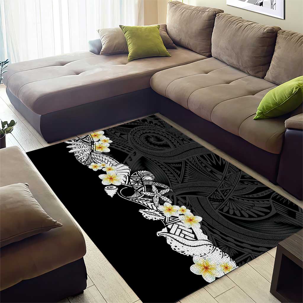 Black Samoa Tattoo Area Rug Plumeria Samoan Ocean Tatau Pattern - Polynesian Pride