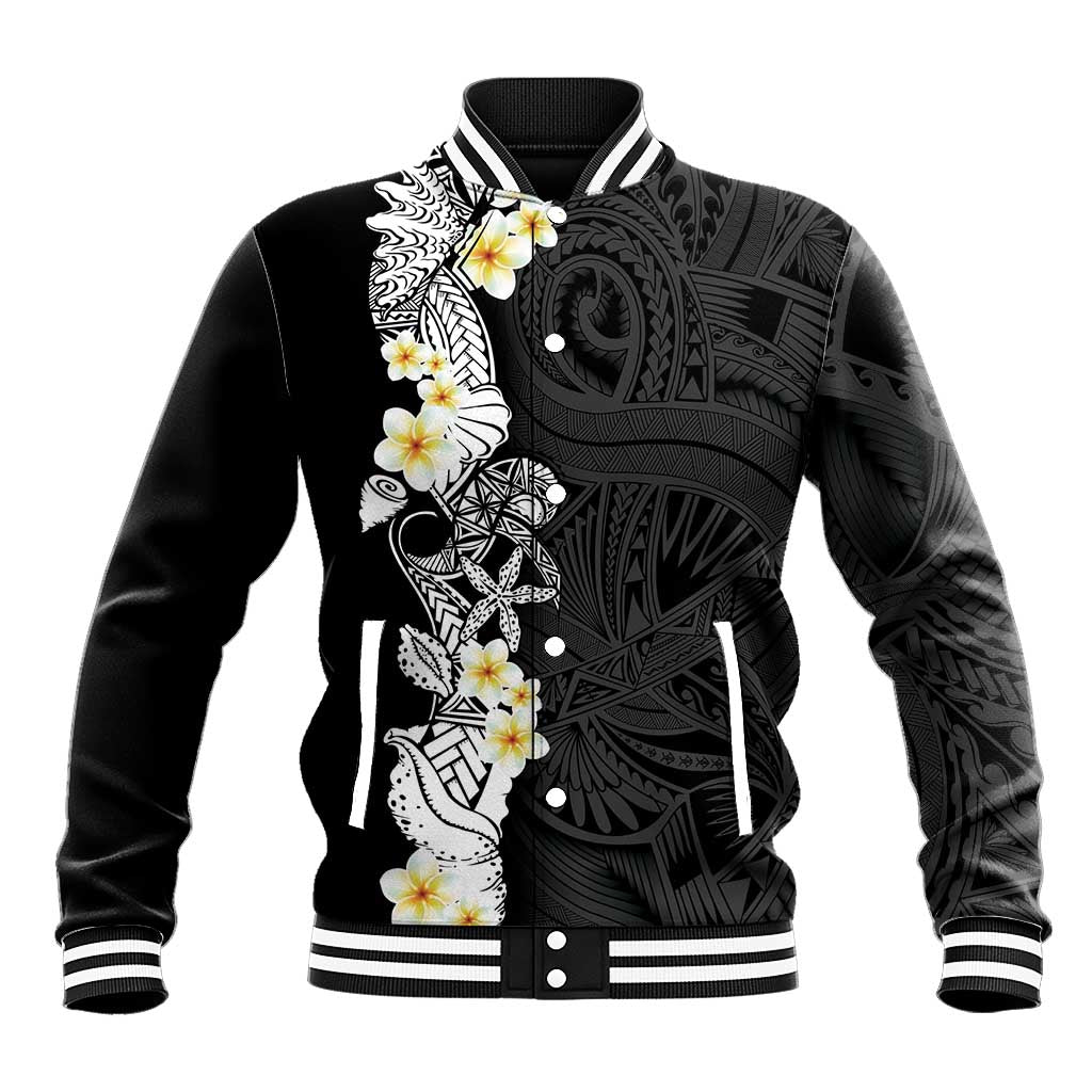 Black Samoa Tattoo Baseball Jacket Plumeria Samoan Ocean Tatau Pattern LT14 Unisex Black - Polynesian Pride