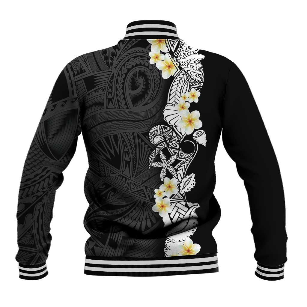 Black Samoa Tattoo Baseball Jacket Plumeria Samoan Ocean Tatau Pattern LT14 - Polynesian Pride