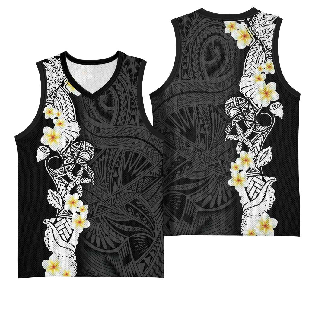 Black Samoa Tattoo Basketball Jersey Plumeria Samoan Ocean Tatau Pattern LT14 - Polynesian Pride