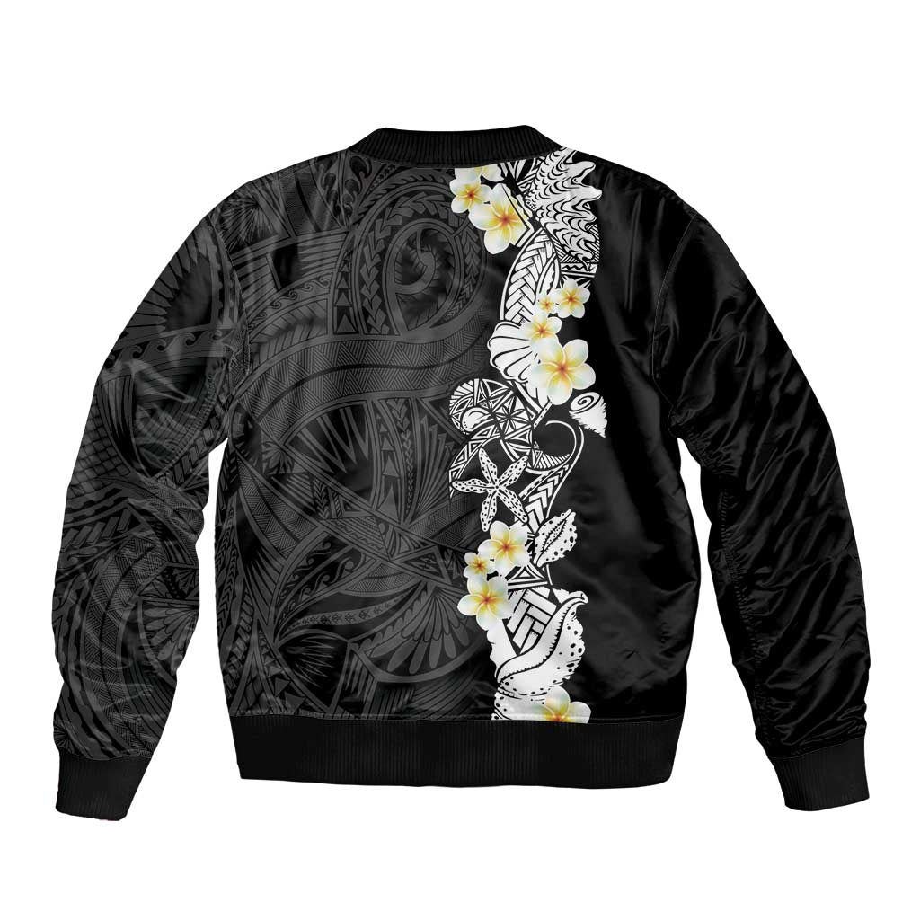Black Samoa Tattoo Bomber Jacket Plumeria Samoan Ocean Tatau Pattern LT14 - Polynesian Pride
