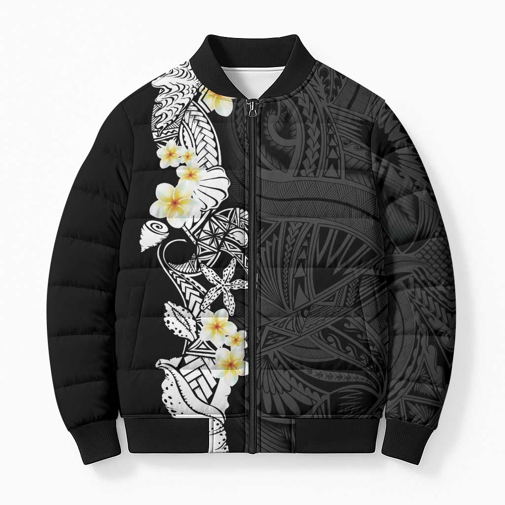 Black Samoa Tattoo Bomber Puffer Jacket Plumeria Samoan Ocean Tatau Pattern LT14 Unisex Black - Polynesian Pride