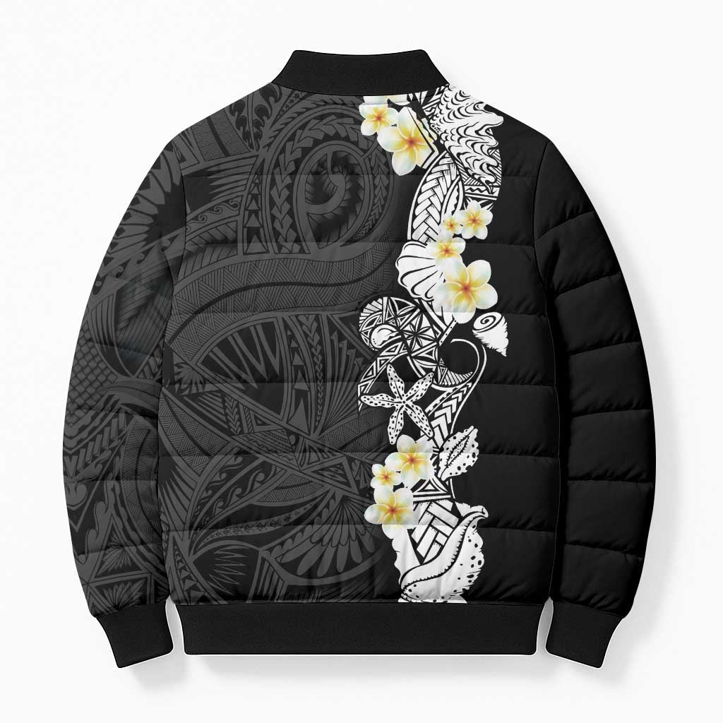 Black Samoa Tattoo Bomber Puffer Jacket Plumeria Samoan Ocean Tatau Pattern LT14 - Polynesian Pride