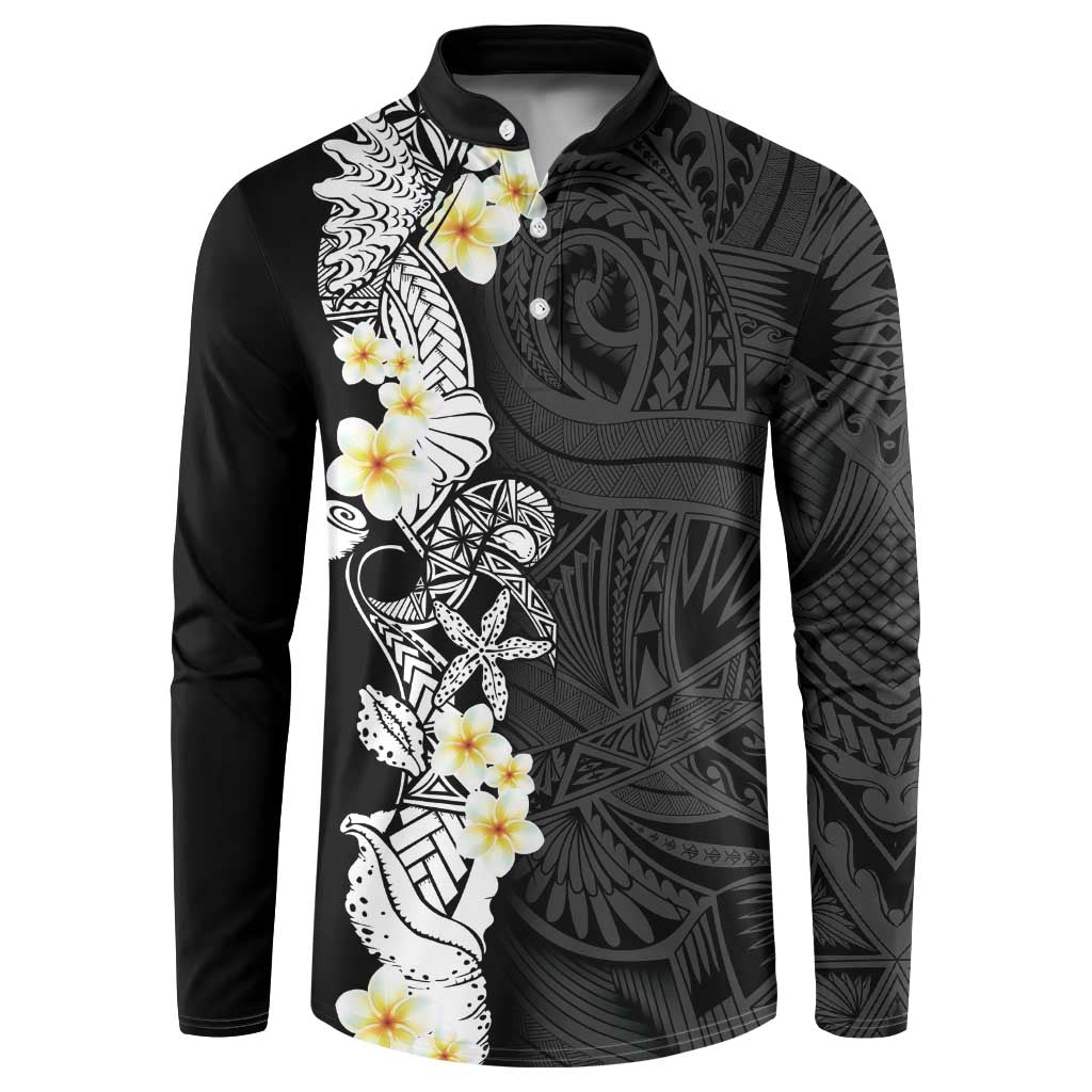 Black Samoa Tattoo Button Sweatshirt Plumeria Samoan Ocean Tatau Pattern LT14 Black - Polynesian Pride