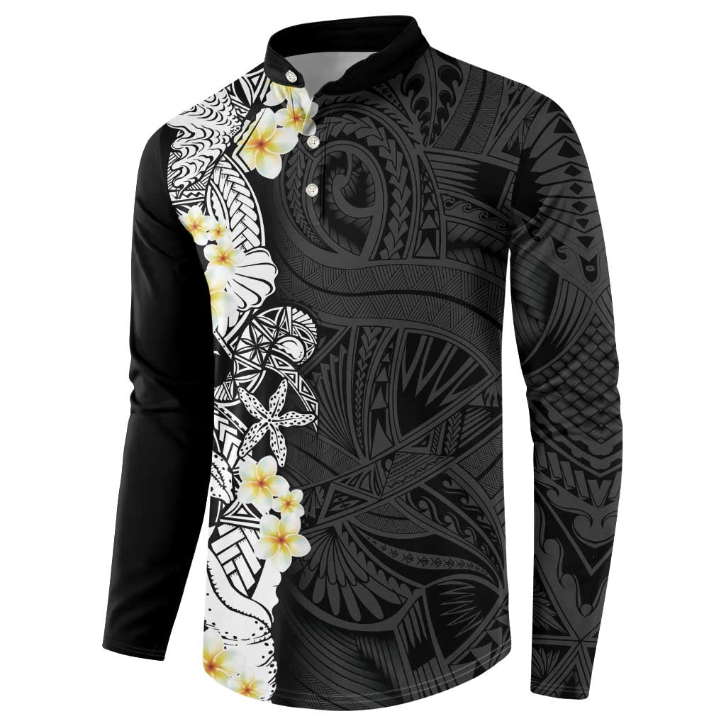 Black Samoa Tattoo Button Sweatshirt Plumeria Samoan Ocean Tatau Pattern LT14 - Polynesian Pride