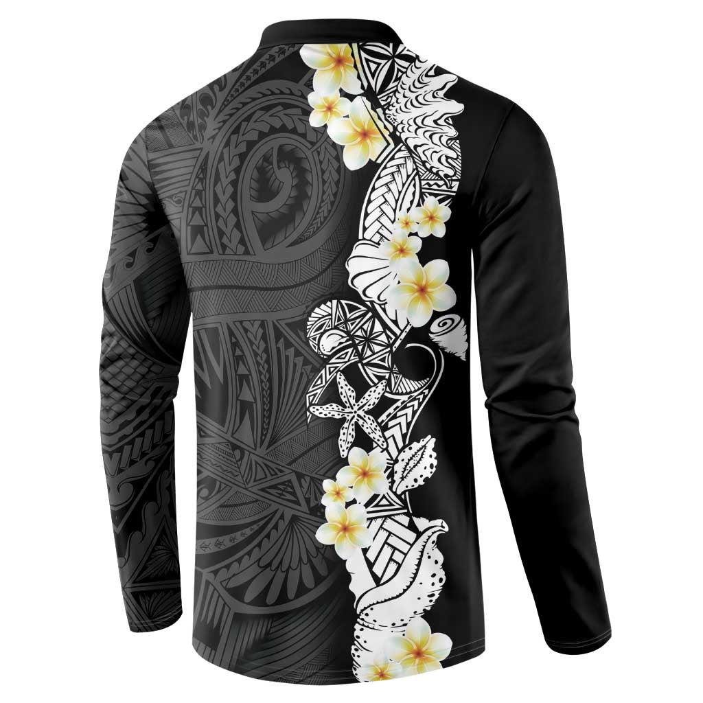 Black Samoa Tattoo Button Sweatshirt Plumeria Samoan Ocean Tatau Pattern LT14 - Polynesian Pride