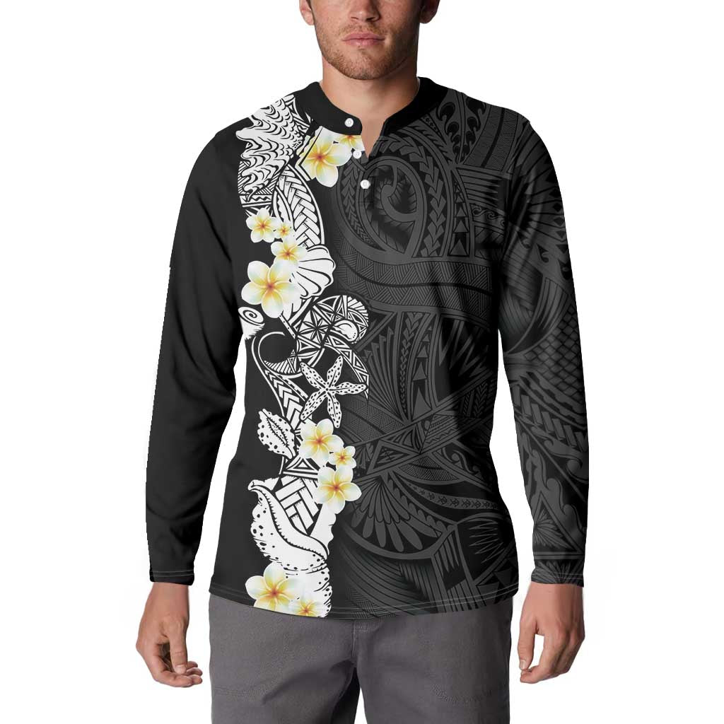 Black Samoa Tattoo Button Sweatshirt Plumeria Samoan Ocean Tatau Pattern LT14 - Polynesian Pride