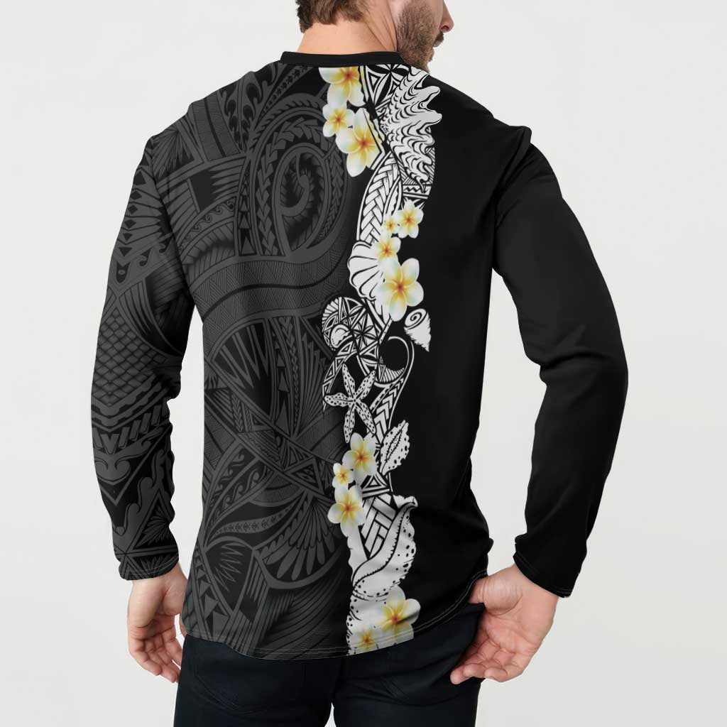 Black Samoa Tattoo Button Sweatshirt Plumeria Samoan Ocean Tatau Pattern LT14 - Polynesian Pride