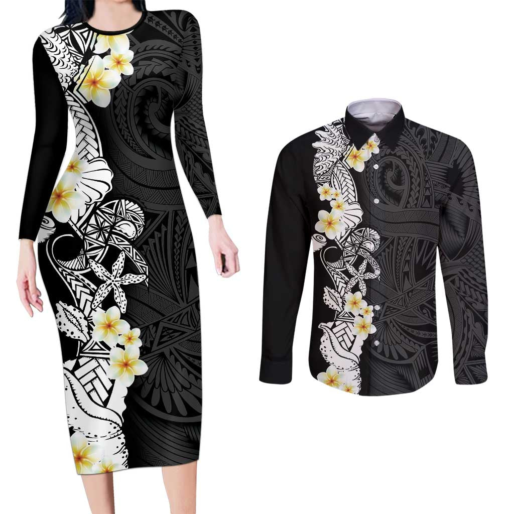 Black Samoa Tattoo Couples Matching Long Sleeve Bodycon Dress and Long Sleeve Button Shirt Plumeria Samoan Ocean Tatau Pattern LT14 Black - Polynesian Pride