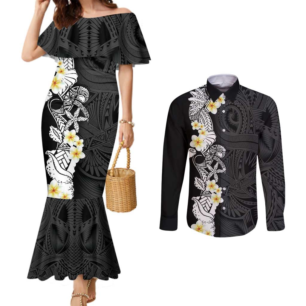 Black Samoa Tattoo Couples Matching Mermaid Dress and Long Sleeve Button Shirt Plumeria Samoan Ocean Tatau Pattern LT14 Black - Polynesian Pride