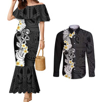 Black Samoa Tattoo Couples Matching Mermaid Dress and Long Sleeve Button Shirt Plumeria Samoan Ocean Tatau Pattern LT14 Black - Polynesian Pride