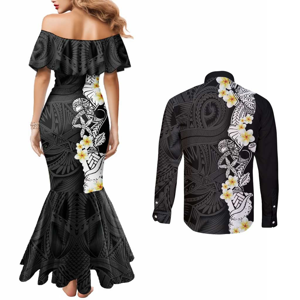 Black Samoa Tattoo Couples Matching Mermaid Dress and Long Sleeve Button Shirt Plumeria Samoan Ocean Tatau Pattern LT14 - Polynesian Pride