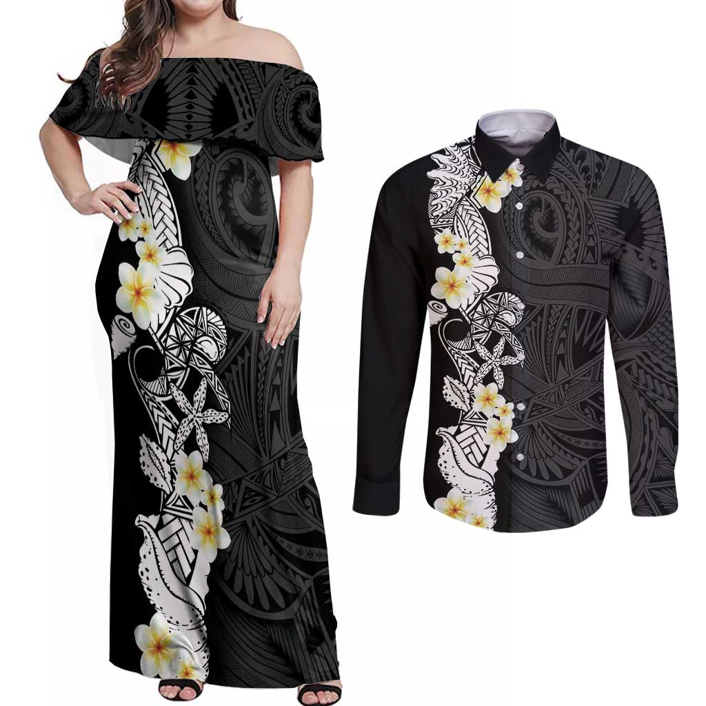 Black Samoa Tattoo Couples Matching Off Shoulder Maxi Dress and Long Sleeve Button Shirt Plumeria Samoan Ocean Tatau Pattern LT14 Black - Polynesian Pride