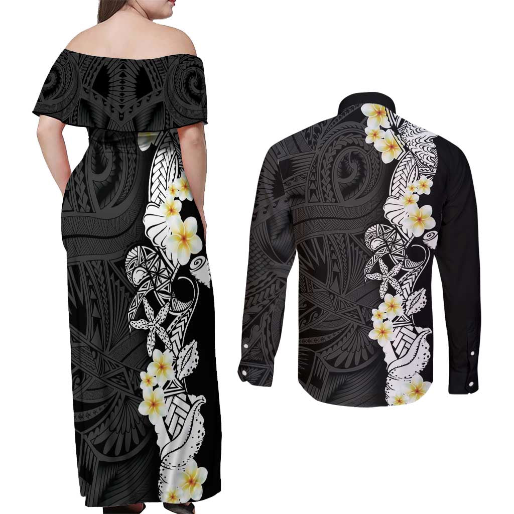 Black Samoa Tattoo Couples Matching Off Shoulder Maxi Dress and Long Sleeve Button Shirt Plumeria Samoan Ocean Tatau Pattern LT14 - Polynesian Pride