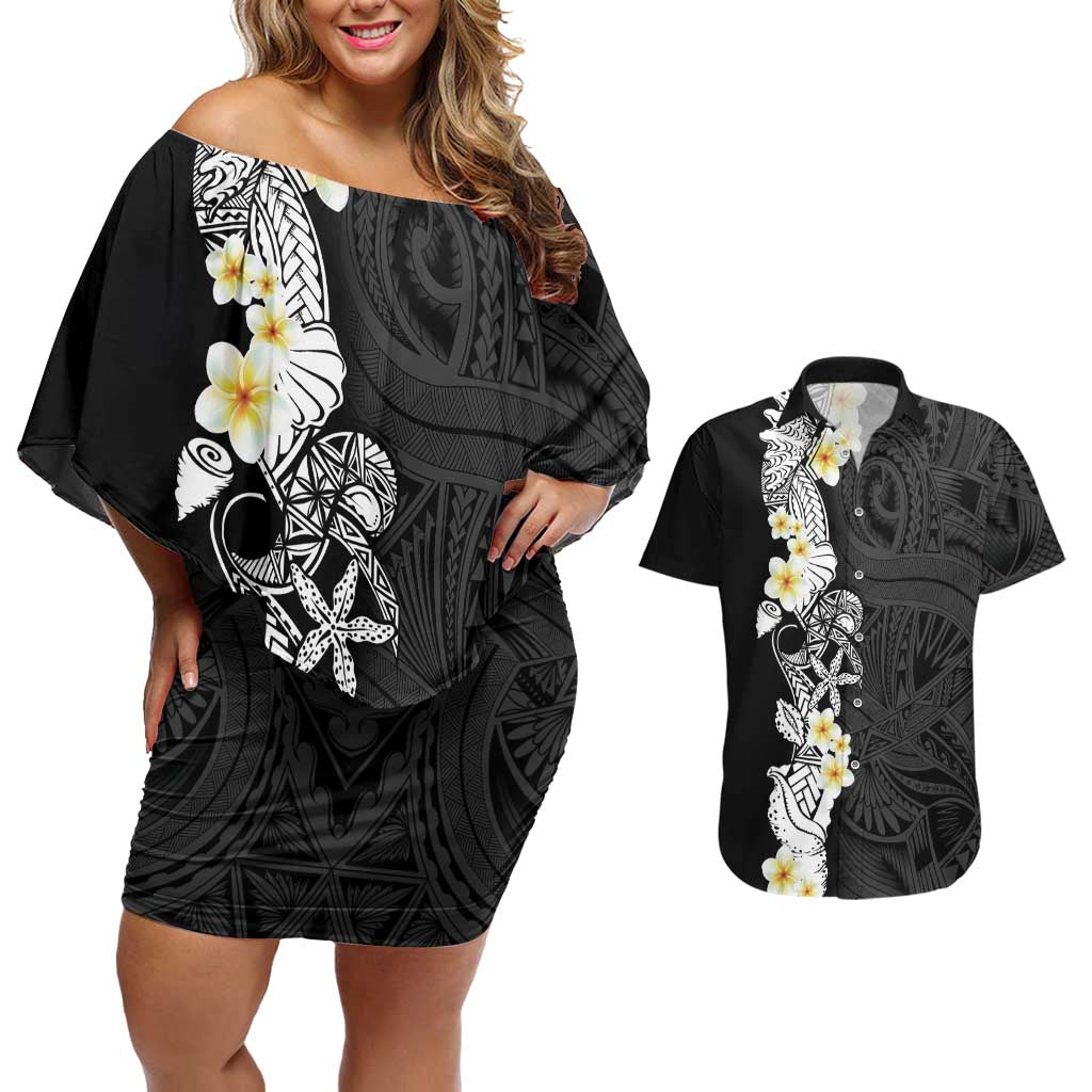 Black Samoa Tattoo Couples Matching Off Shoulder Short Dress and Hawaiian Shirt Plumeria Samoan Ocean Tatau Pattern LT14 Black - Polynesian Pride