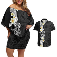 Black Samoa Tattoo Couples Matching Off Shoulder Short Dress and Hawaiian Shirt Plumeria Samoan Ocean Tatau Pattern LT14 Black - Polynesian Pride