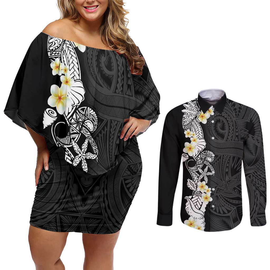 Black Samoa Tattoo Couples Matching Off Shoulder Short Dress and Long Sleeve Button Shirt Plumeria Samoan Ocean Tatau Pattern LT14 Black - Polynesian Pride