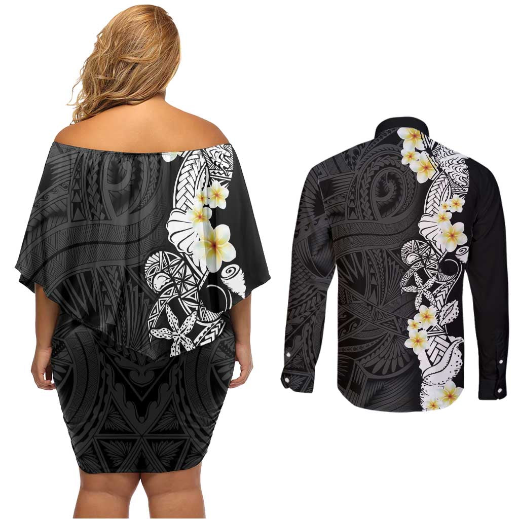 Black Samoa Tattoo Couples Matching Off Shoulder Short Dress and Long Sleeve Button Shirt Plumeria Samoan Ocean Tatau Pattern LT14 - Polynesian Pride