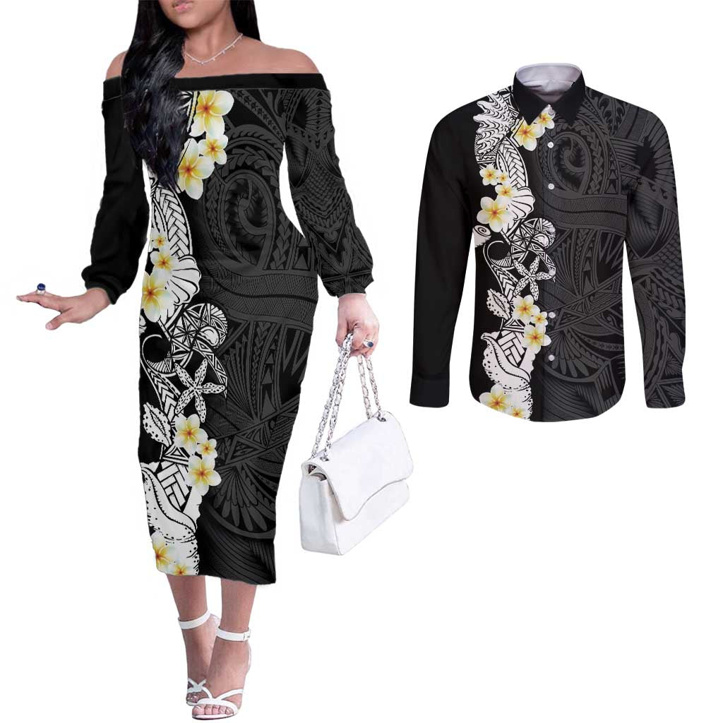 Black Samoa Tattoo Couples Matching Off The Shoulder Long Sleeve Dress and Long Sleeve Button Shirt Plumeria Samoan Ocean Tatau Pattern LT14 Black - Polynesian Pride