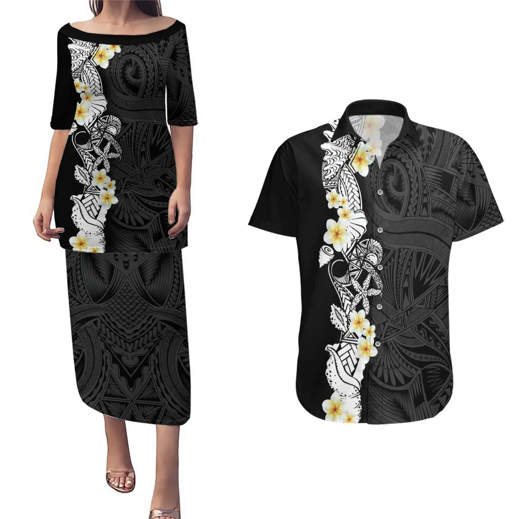 Black Samoa Tattoo Couples Matching Puletasi and Hawaiian Shirt Plumeria Samoan Ocean Tatau Pattern LT14 Black - Polynesian Pride