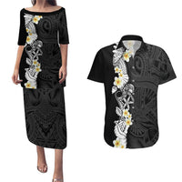 Black Samoa Tattoo Couples Matching Puletasi and Hawaiian Shirt Plumeria Samoan Ocean Tatau Pattern LT14 Black - Polynesian Pride