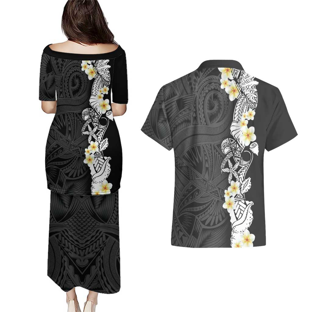 Black Samoa Tattoo Couples Matching Puletasi and Hawaiian Shirt Plumeria Samoan Ocean Tatau Pattern LT14 - Polynesian Pride