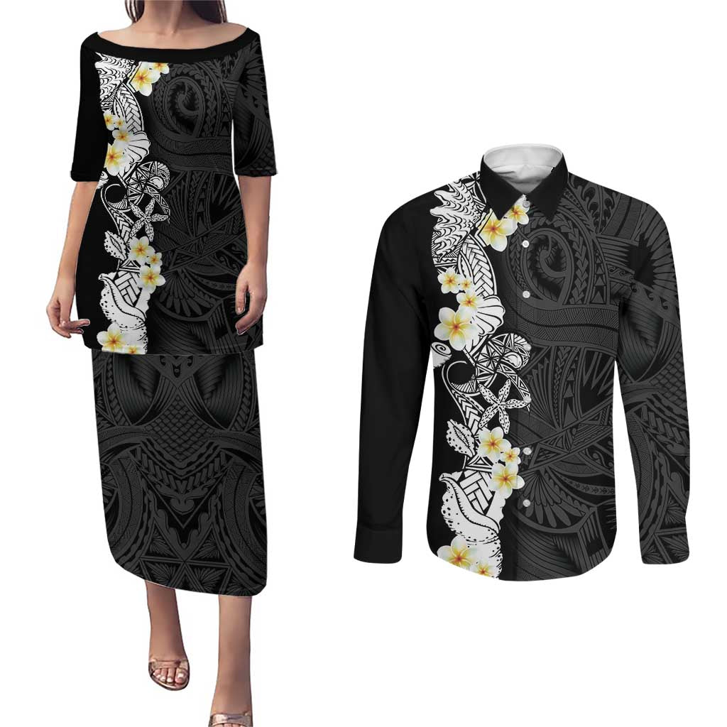 Black Samoa Tattoo Couples Matching Puletasi and Long Sleeve Button Shirt Plumeria Samoan Ocean Tatau Pattern LT14 Black - Polynesian Pride