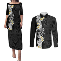 Black Samoa Tattoo Couples Matching Puletasi and Long Sleeve Button Shirt Plumeria Samoan Ocean Tatau Pattern LT14 Black - Polynesian Pride