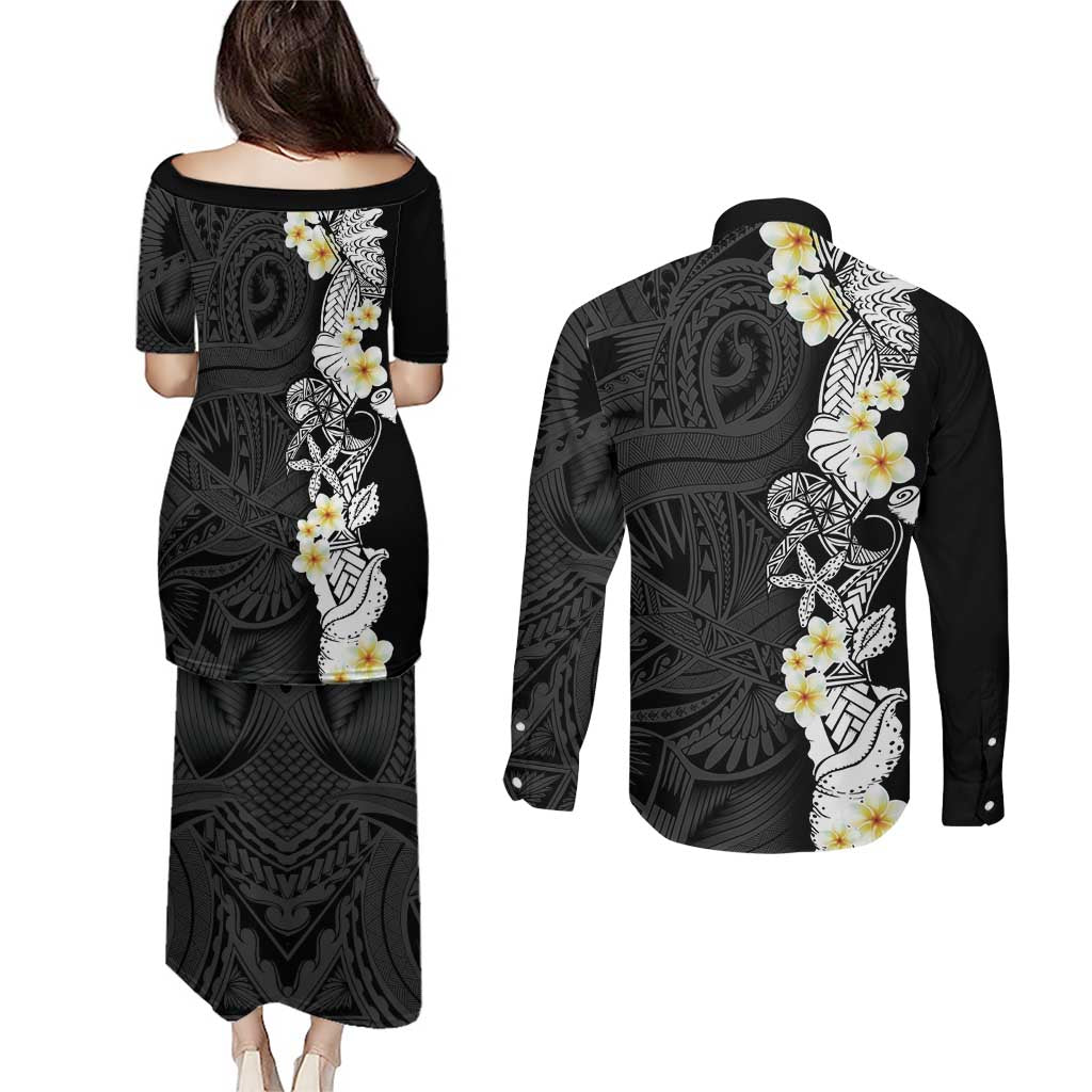 Black Samoa Tattoo Couples Matching Puletasi and Long Sleeve Button Shirt Plumeria Samoan Ocean Tatau Pattern LT14 - Polynesian Pride