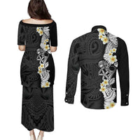 Black Samoa Tattoo Couples Matching Puletasi and Long Sleeve Button Shirt Plumeria Samoan Ocean Tatau Pattern LT14 - Polynesian Pride