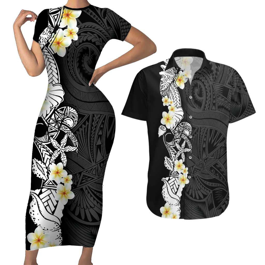 Black Samoa Tattoo Couples Matching Short Sleeve Bodycon Dress and Hawaiian Shirt Plumeria Samoan Ocean Tatau Pattern LT14 Black - Polynesian Pride