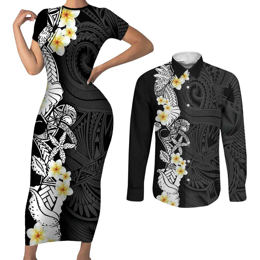 Black Samoa Tattoo Couples Matching Short Sleeve Bodycon Dress and Long Sleeve Button Shirt Plumeria Samoan Ocean Tatau Pattern LT14 Black - Polynesian Pride