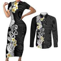 Black Samoa Tattoo Couples Matching Short Sleeve Bodycon Dress and Long Sleeve Button Shirt Plumeria Samoan Ocean Tatau Pattern LT14 Black - Polynesian Pride