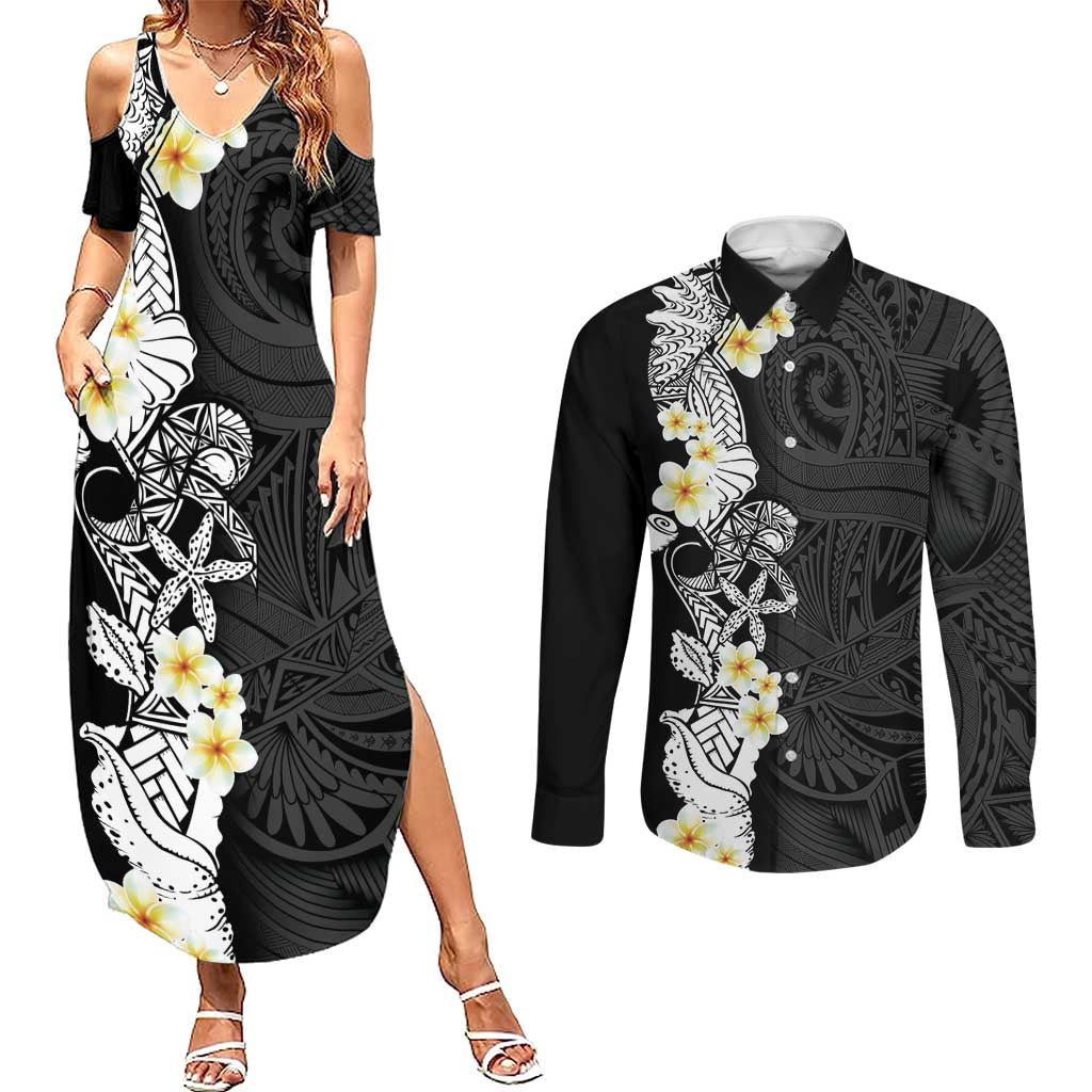 Black Samoa Tattoo Couples Matching Summer Maxi Dress and Long Sleeve Button Shirt Plumeria Samoan Ocean Tatau Pattern LT14 Black - Polynesian Pride