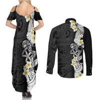 Black Samoa Tattoo Couples Matching Summer Maxi Dress and Long Sleeve Button Shirt Plumeria Samoan Ocean Tatau Pattern LT14 - Polynesian Pride