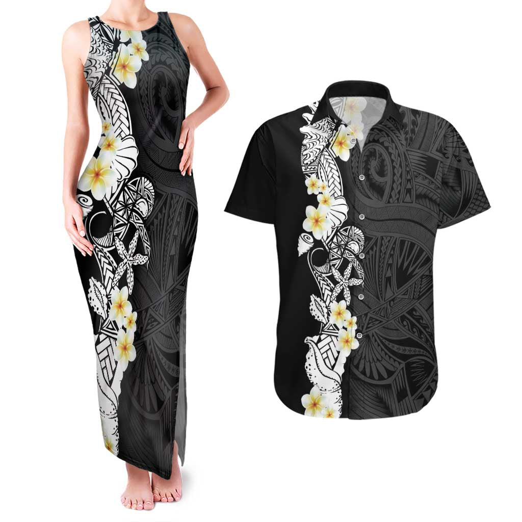 Black Samoa Tattoo Couples Matching Tank Maxi Dress and Hawaiian Shirt Plumeria Samoan Ocean Tatau Pattern LT14 Black - Polynesian Pride