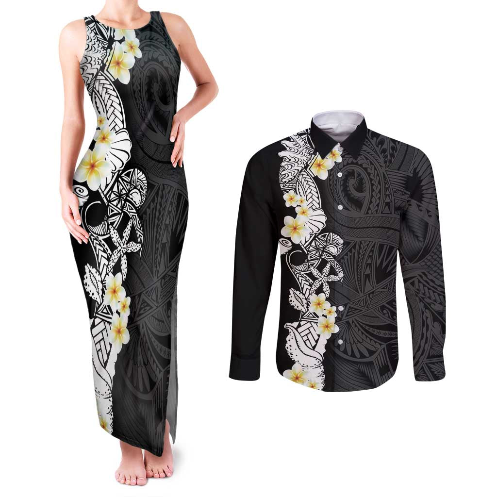 Black Samoa Tattoo Couples Matching Tank Maxi Dress and Long Sleeve Button Shirt Plumeria Samoan Ocean Tatau Pattern LT14 Black - Polynesian Pride