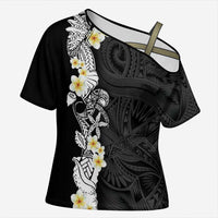 Black Samoa Tattoo Cross Shoulder Shirt Plumeria Samoan Ocean Tatau Pattern LT14 Female Black - Polynesian Pride