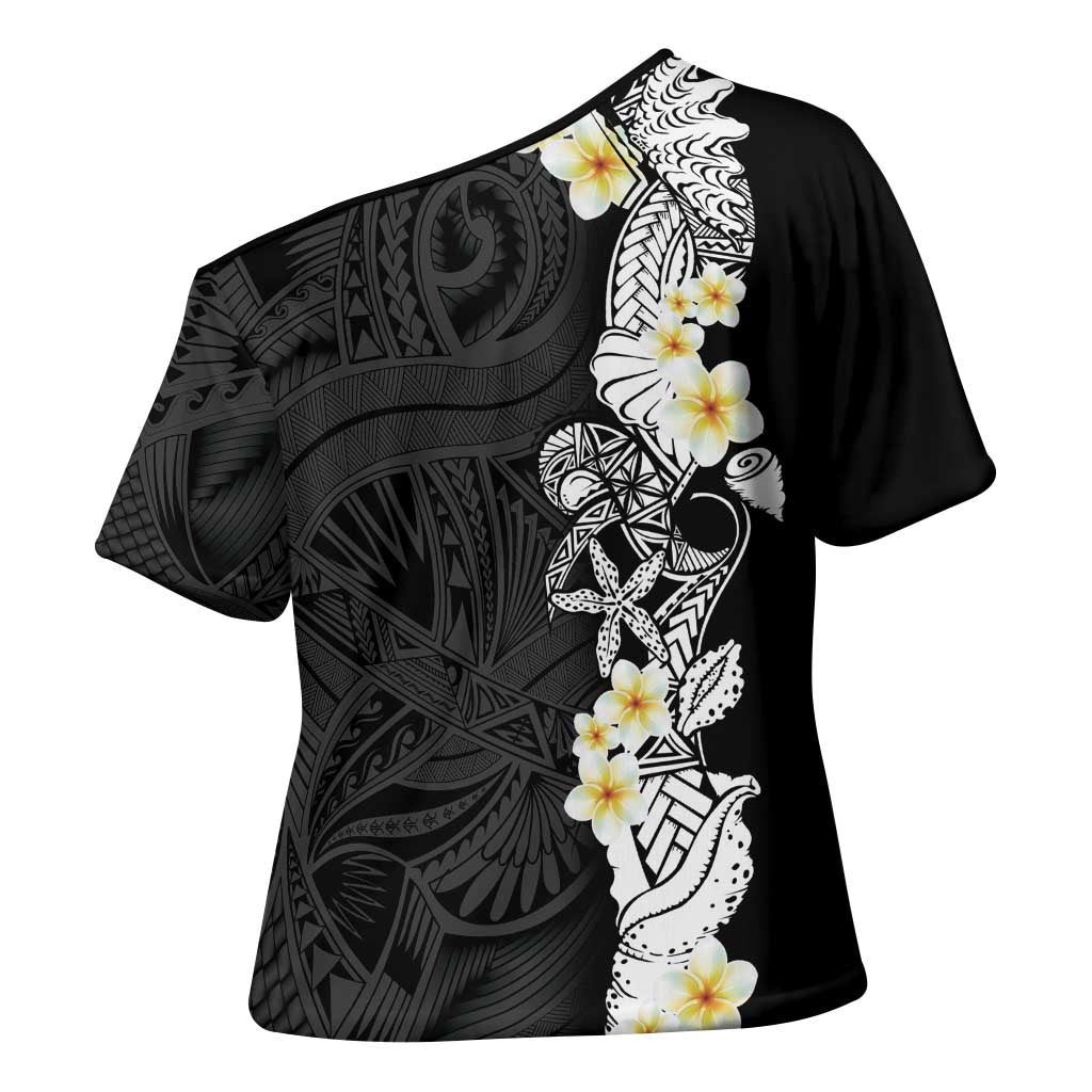 Black Samoa Tattoo Cross Shoulder Shirt Plumeria Samoan Ocean Tatau Pattern LT14 - Polynesian Pride