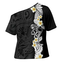 Black Samoa Tattoo Cross Shoulder Shirt Plumeria Samoan Ocean Tatau Pattern LT14 - Polynesian Pride