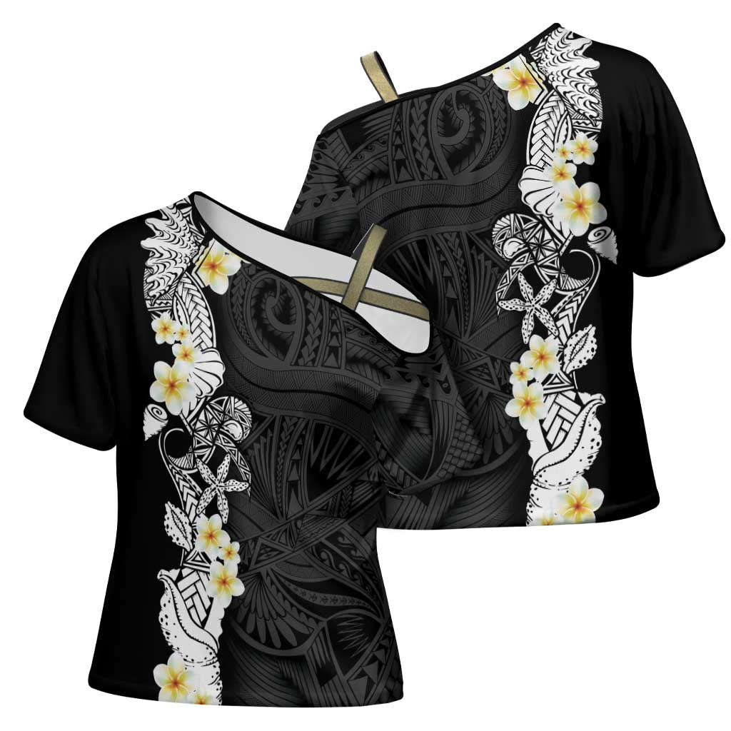 Black Samoa Tattoo Cross Shoulder Shirt Plumeria Samoan Ocean Tatau Pattern LT14 - Polynesian Pride