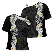 Black Samoa Tattoo Cross Shoulder Shirt Plumeria Samoan Ocean Tatau Pattern LT14 - Polynesian Pride