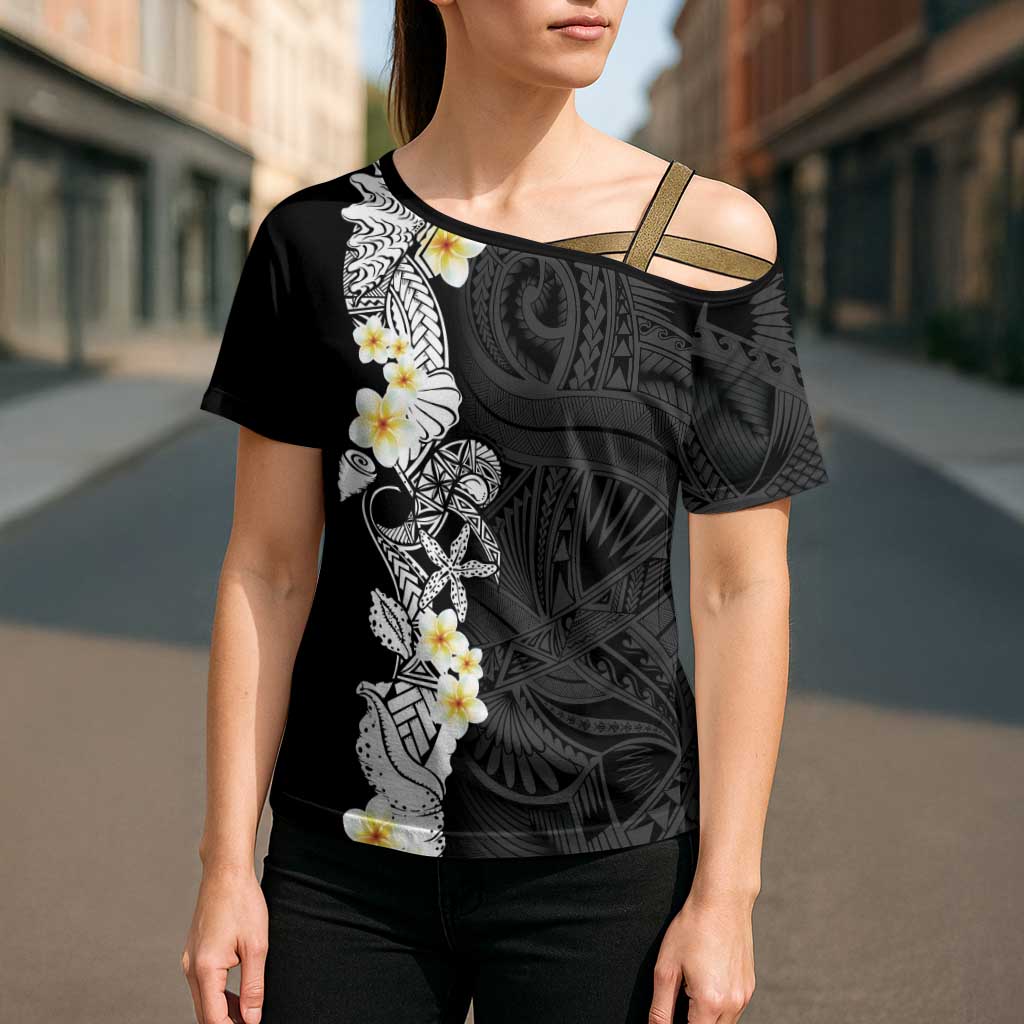Black Samoa Tattoo Cross Shoulder Shirt Plumeria Samoan Ocean Tatau Pattern LT14 - Polynesian Pride