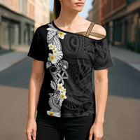 Black Samoa Tattoo Cross Shoulder Shirt Plumeria Samoan Ocean Tatau Pattern LT14 - Polynesian Pride
