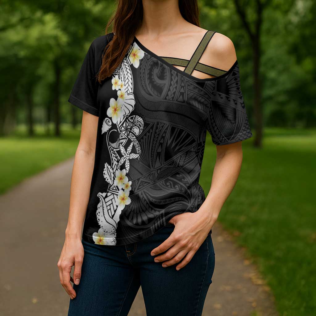 Black Samoa Tattoo Cross Shoulder Shirt Plumeria Samoan Ocean Tatau Pattern LT14 - Polynesian Pride