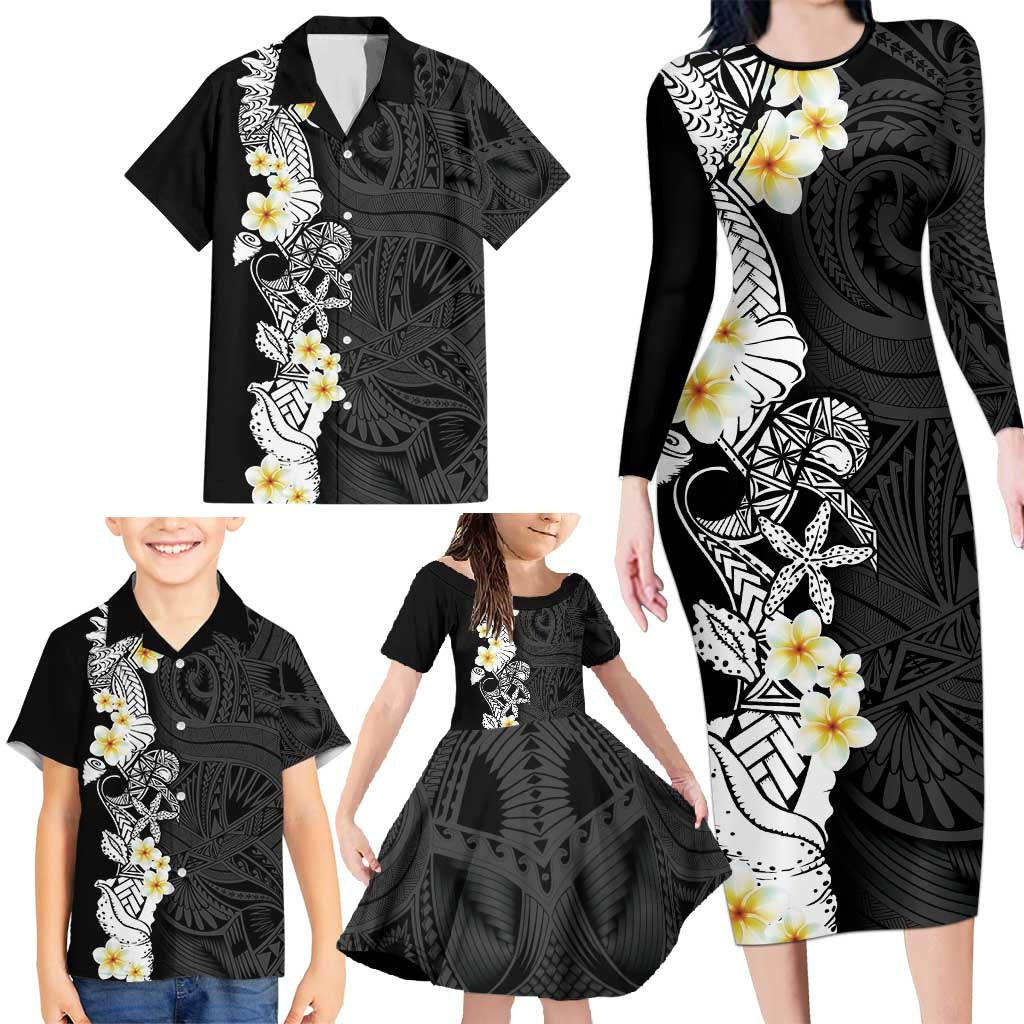 Black Samoa Tattoo Family Matching Long Sleeve Bodycon Dress and Hawaiian Shirt Plumeria Samoan Ocean Tatau Pattern - Polynesian Pride